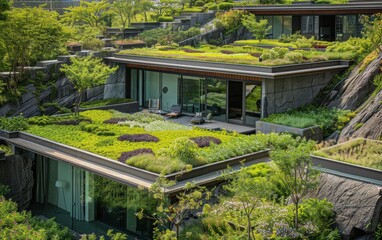 Wall Mural - Urban green roof with lush fossil-era vegetation promoting sustainability in city architecture