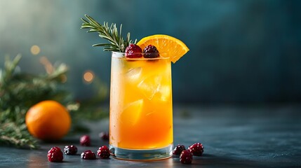 Wall Mural - A vibrant sea buckthorn cocktail garnished with a slice of orange and fresh berries, served in a tall glass with a sprig of rosemary