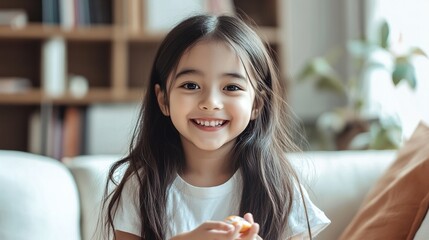 Smiling little girl with long hair holding an orange snack on a sunny day