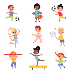 Poster - Kids Sport with Girl and Boy Character Enjoy Sportive Activity Vector Set