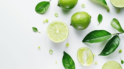 Green limes with half slice and green leaves isolated on white background, fresh citrus summer fruit and making food