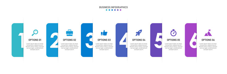 Horizontal progress bar featuring 6 arrow-shaped elements, symbolizing the six stages of business strategy and progression. Clean timeline infographic design template. Vector for presentation