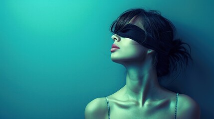 Wall Mural - A portrait of a young blindfolded woman, showing a calm and glamorous look, with a turquoise background highlighting her serene beauty.