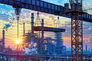 Industrial Sunrise. A sunrise view of a large industrial complex with a crane in operation, highlighting the scale and complexity of modern manufacturing.