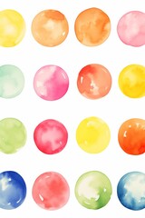 Wall Mural - Set of colorful watercolor hand painted round shapes, stains, circles, blobs isolated on white 