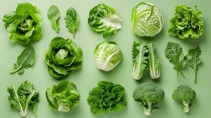 Set of Green Lettuce with leaves isolated on background, Flat lay view of Fresh salad vegetables, healthy with organic food. 