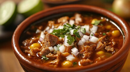 A bowl of traditional Mexican menudo, a tripe soup with hominy, garnished with onions, oregano, and lime