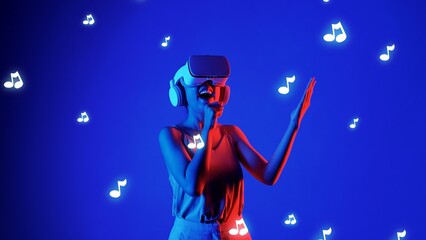 Enjoyment woman singing song wearing VR headset with graphic neon note melody musical modern design at studio dynamic lighting floating in music and technology concept blue background. Hallucination.