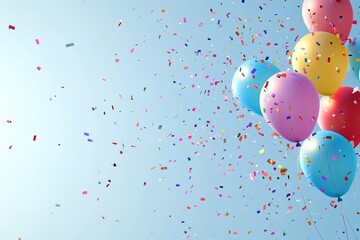 Colorful balloons with confetti on light blue sky