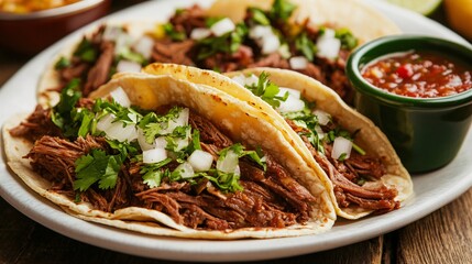 a plate of tacos de barbacoa, tender beef with onions and cilantro, served with a side of spicy sals