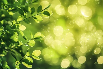 Canvas Print - Fresh green leaves glistening in sunlight with a soft bokeh background creating a serene atmosphere in a vibrant garden