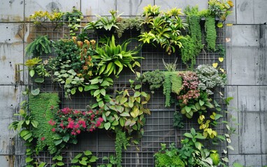 Wall Mural - Vertical planting display of ancient flora against a textured concrete wall in a modern urban setting