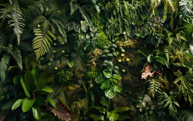 Wall Mural - Vertical wall garden showcases lush Jurassic plants in an urban setting, blending modern architecture with ancient nature