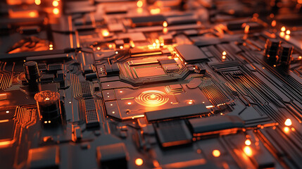Poster - Complex electronic circuit board glowing orange and showing modern technology