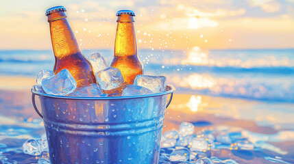 Two beer bottles cooling in a bucket on a beach at sunset