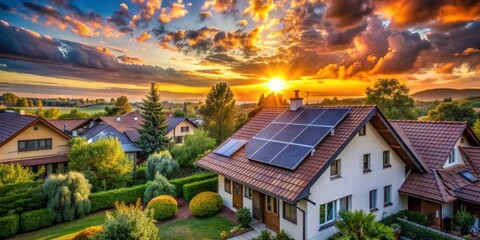 Sunrise Over Sustainable Home with Solar Panels, Sunset, Solar Energy, Home, Green Energy