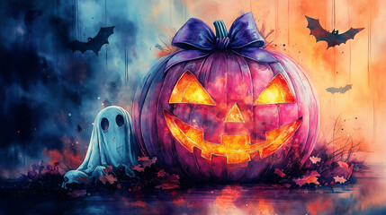 Wall Mural - Happy halloween pumpkin glowing with ghost and bats background illustration