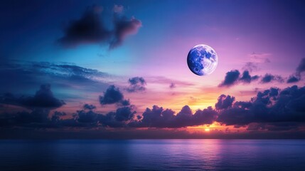 Wall Mural - Dramatic Sunset with Full Moon over Calm Ocean