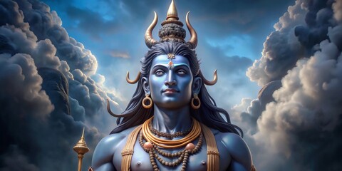 The Divine Gaze of Shiva A 3D Digital Painting of the Hindu God, Surrounded by Clouds, hinduism, god, shiva, digital art