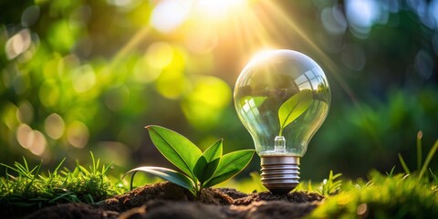 The Sprout of Green Energy A Light Bulb with a Growing Plant Inside, Nature Background, Sunlight, Earth Day, Green Living, Sustainability, Eco-Friendly