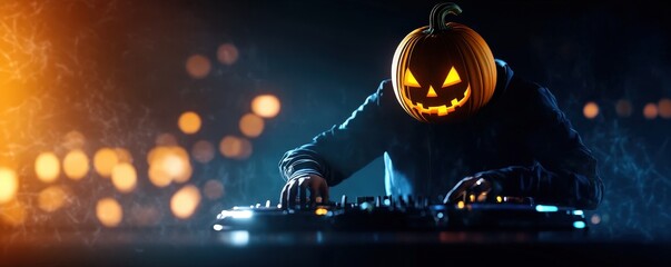 A DJ with a glowing pumpkin head creates a spooky atmosphere for Halloween parties, blending music and seasonal spirit.