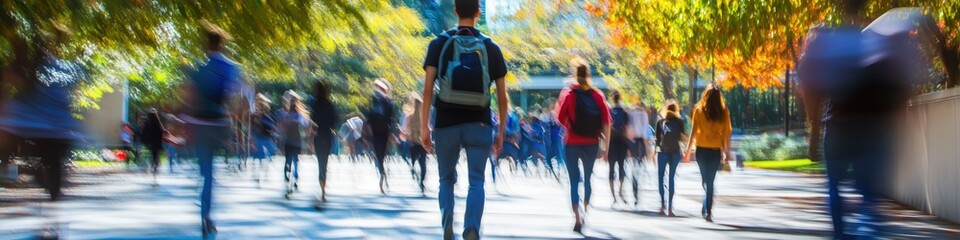 Wall Mural - Crowd of students walking through a college campus on a sunny autumn day, motion blur