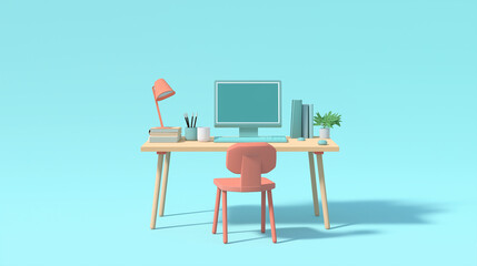 Poster - Minimalistic home office setup with pastel colors on blue background