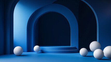 Poster - Blue minimalist podium displaying product with spheres and archways