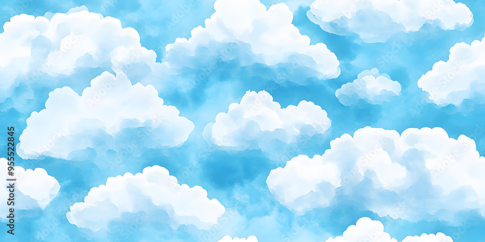 Seamless white puffy watercolor clouds on bright blue sky background ...
