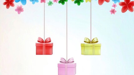 Wall Mural - Colorful Gift Boxes Hanging from Flowers