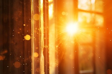 Wall Mural - Sunlight streaming through a window, illuminating a rustic interior with warm golden tones during the late afternoon hours