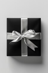 Sticker - Elegant Black Gift Box with Silver Satin Ribbon for Luxurious Holiday Celebrations and Occasions