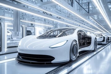 Advanced robotic assembly line streamlining production of sleek electric vehicles in modern factory