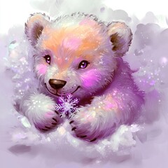 Sticker - Adorable Polar Bear Cub Holding Snowflake in Winter Wonderland