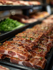 Wall Mural - Raw marinated pork ribs on display at a butcher shop.