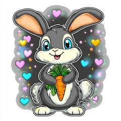 Canvas Print - Cute Bunny Rabbit Holding Carrot With Heart Shaped Background