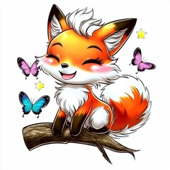 Sticker - Adorable Cartoon Fox with Butterflies