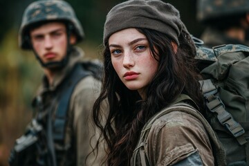 Two young people in camouflage soldier armor walking through a grassy wasteland landscape