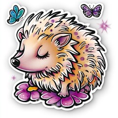 Poster - Cute Cartoon Hedgehog Sleeping on Flowers with Butterflies