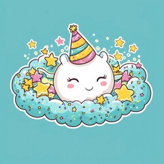 Canvas Print - Cute Cartoon Unicorn in Party Hat on Cloud with Stars