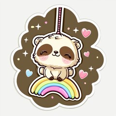 Canvas Print - Cute Cartoon Panda Bear Sitting on a Rainbow with Hearts