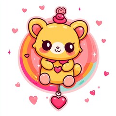 Poster - Cute Cartoon Bear with Hearts and Rainbow Background