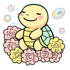 Poster - Cute Cartoon Turtle in a Garden of Flowers