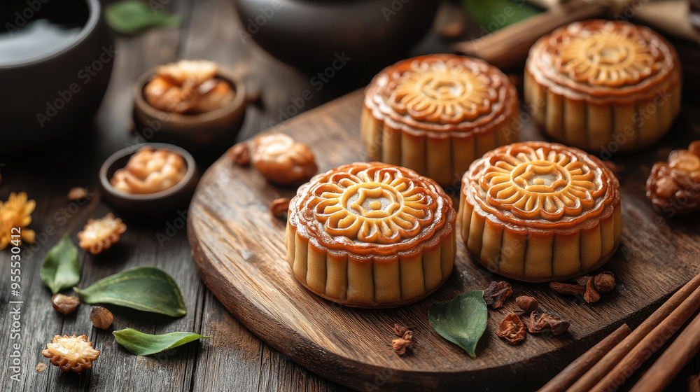 mooncakes on table, top view, stylish food photo, mid autumn festival ...