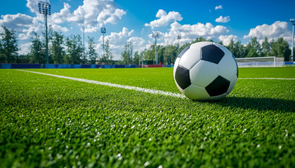 Wall Mural - soccer ball on the green field in soccer stadium