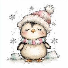 Canvas Print - Cute Penguin Wearing a Winter Hat and Scarf in the Snow