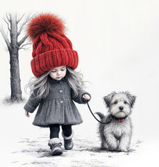 Wall Mural - A pencil drawing of a young girl wearing gray coat and a large photorealistic 3D red knitted hat walks a small terrier dog on a leash through a snowy landscape