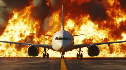 Plane ignition: a catastrophic event on the runway as flames engulf the aircraft, urgency of emergency response and the dangers faced in aviation mishaps with smoke and fire erupting.