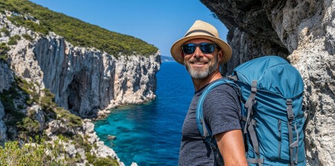 Backpacking man with blue seascape background at sea shore