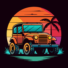 car with sunset and retro-style palm silhouette vector t shirt design	